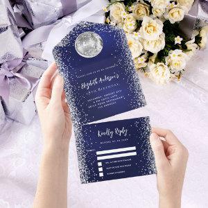 Navy blue silver disco ball glitter birthday rsvp all in one