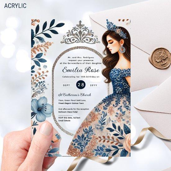 NAVY BLUE Silver Dress Quinceañera Floral Quince Acrylic