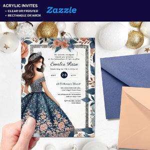 NAVY BLUE Silver Dress Quinceañera Floral Quince Acrylic