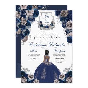 Navy Blue & Silver Floral Elegant Quinceañera