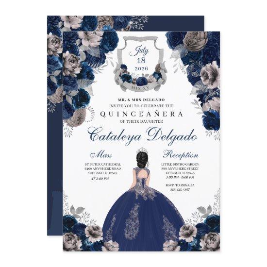 Navy Blue & Silver Floral Elegant Quinceañera