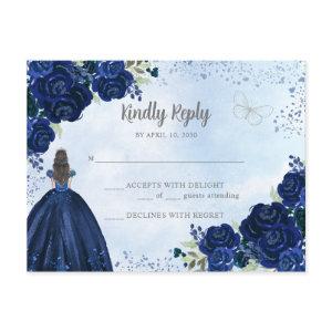 Navy Blue Silver Floral Princess Quinceañera RSVP Postcard