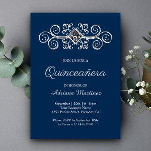 Navy Blue Silver Flourish Diamond Quinceanera