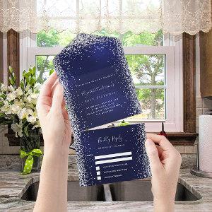 Navy blue silver glitter birthday rsvp all in one