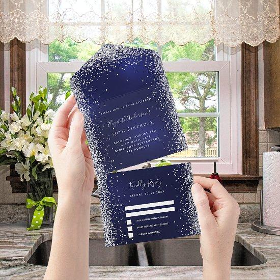 Navy blue silver glitter birthday rsvp all in one