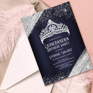 Navy Blue Silver Glitter Princess Tiara Quinceañer