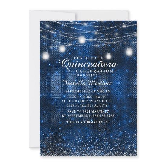 Navy Blue Silver Glitter String Light Quinceañera