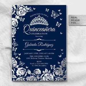 Navy Blue Silver Roses Butterflies Quinceanera Foil