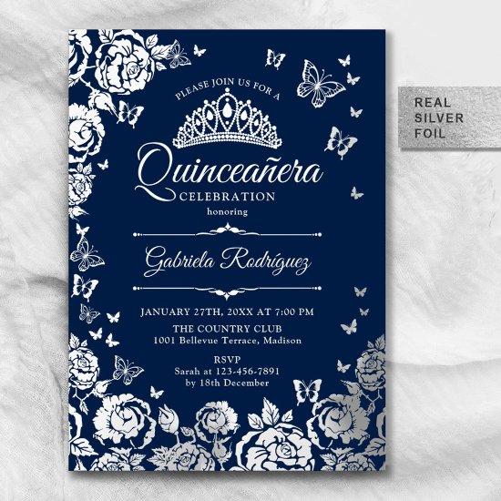 Navy Blue Silver Roses Butterflies Quinceanera Foil