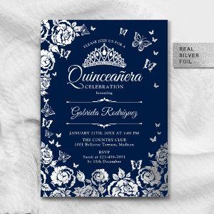 Navy Blue Silver Roses Quinceanera RSVP QR Code Foil