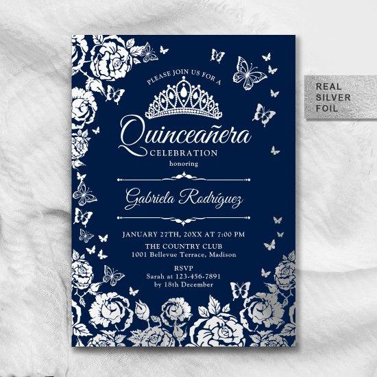 Navy Blue Silver Roses Quinceanera RSVP QR Code Foil