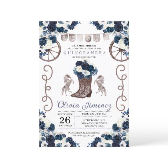 Navy Blue Silver Western Charra Boots Quinceañera