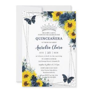 Navy Blue Sunflower Floral Butterflies Quinceañera