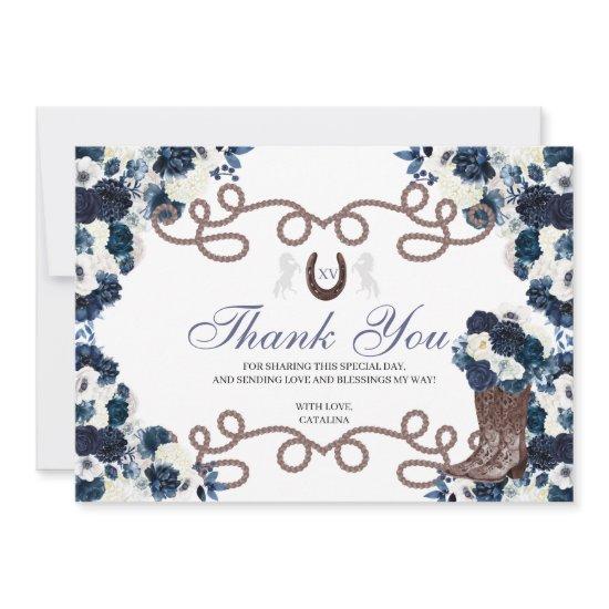 Navy Blue Western Horse Quinceanera Thank You Card