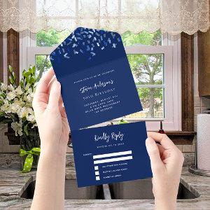 Navy blue white confetti birthday rsvp all in one