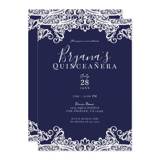 Navy Blue & White Lace Elegant Quinceañera