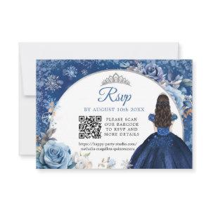 Navy Blue Winter Snowflake Quinceanera QR Code RSVP Card