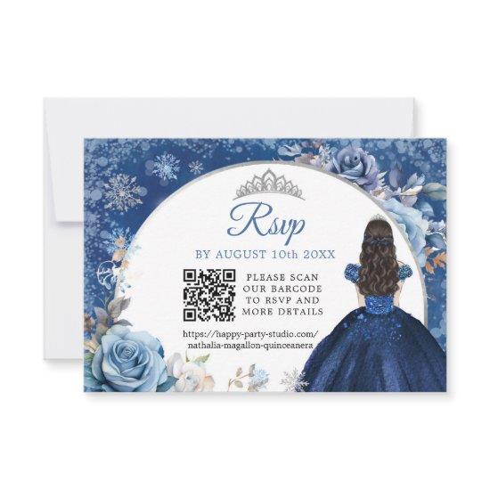 Navy Blue Winter Snowflake Quinceanera QR Code RSVP Card