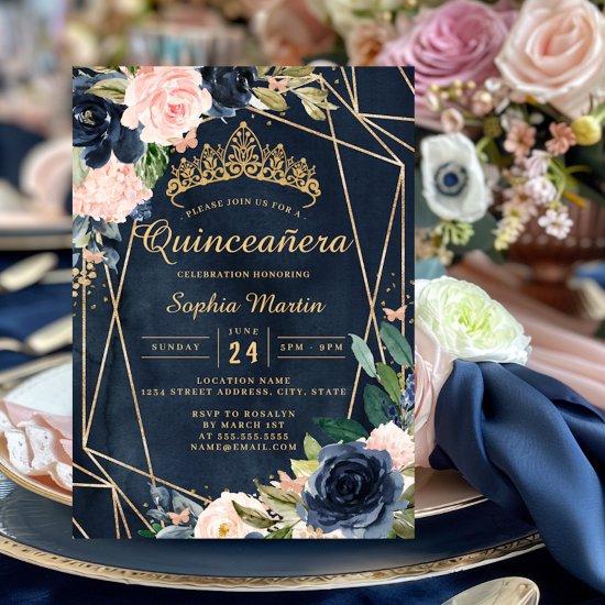 Navy Blush Floral Butterfly Geometric Quinceanera