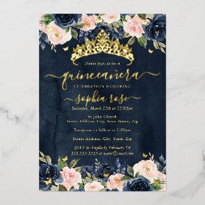 Navy Blush Floral Golden Butterfly Quinceanera Foil