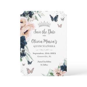 Navy Blush Floral Silver Butterflies Quinceañera  Save The Date