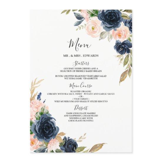 Navy & Blush Floral Wedding Engagement Quinceanera Menu