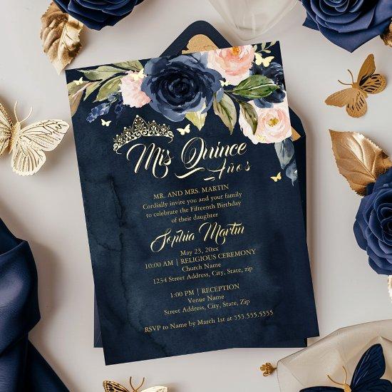 Navy Blush Gold Butterfly Mis Quince Quinceanera Foil