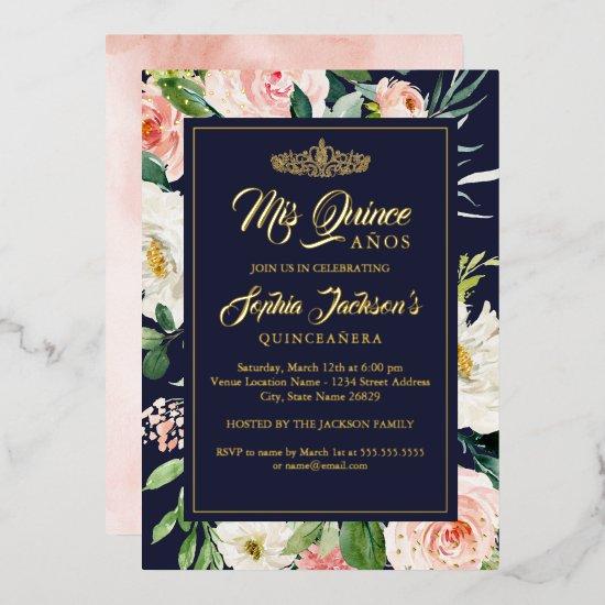 Navy Blush Gold Watercolor Floral Quinceanera  Foil