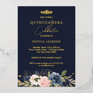 Navy Blush Pink Floral Butterfly Quinceanera  Foil