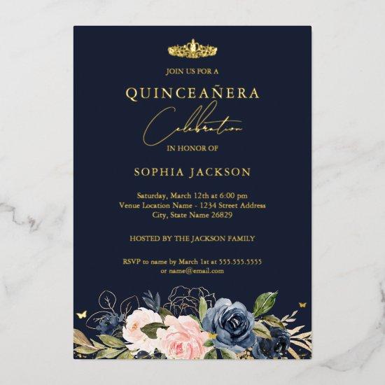 Navy Blush Pink Floral Butterfly Quinceanera  Foil