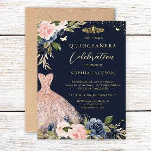 Navy Blush Pink Floral Dress Quinceanera   Foil