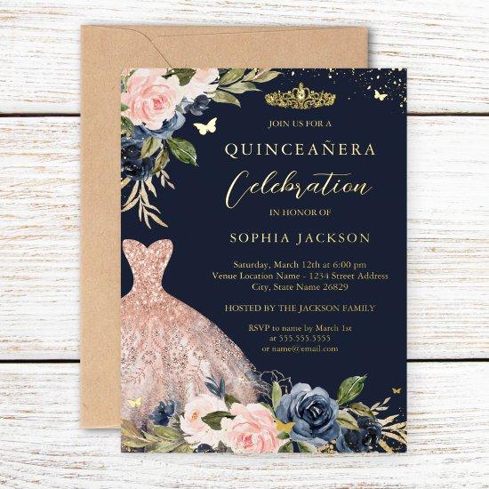 Navy Blush Pink Floral Dress Quinceanera   Foil