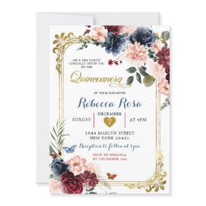 Navy Burgundy Floral Butterfly Quinceañera