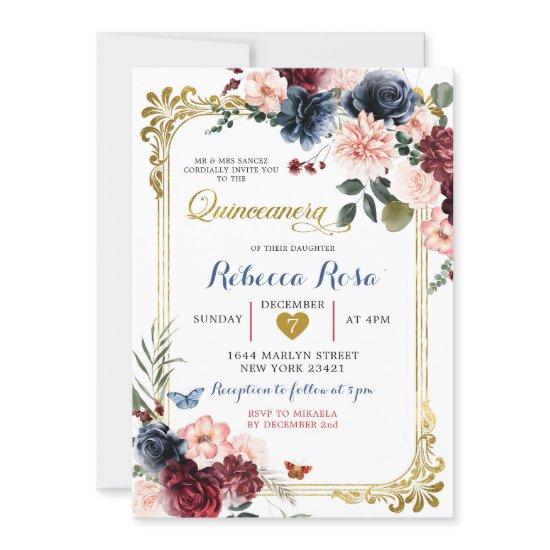 Navy Burgundy Floral Butterfly Quinceañera