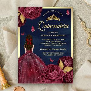 Navy Burgundy Floral Dress Butterfly Quinceanera