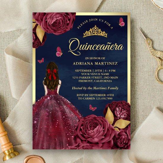 Navy Burgundy Floral Dress Butterfly Quinceanera