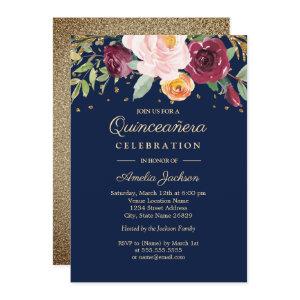 Navy Burgundy Floral Glitter Quinceanera