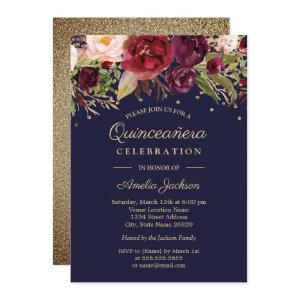 Navy Burgundy Floral Watercolor Quinceanera Invite