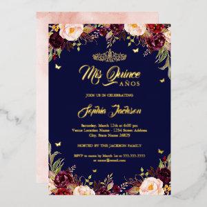 Navy Burgundy Mis Quince Floral Quinceanera  Foil