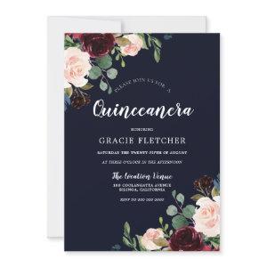 Navy & Burgundy Red Flowers Quinceanera Party