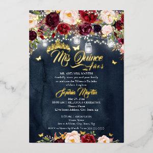 Navy Burgundy Rustic Floral Butterfly Quinceanera Foil