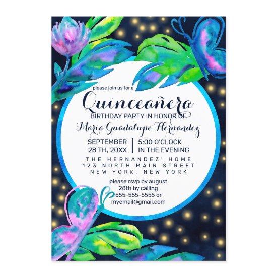 Navy Butterfly Floral Leaf Watercolor Quinceañera
