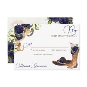 Navy Dark Blue Rose Charro Western Quinceanera RSVP Card
