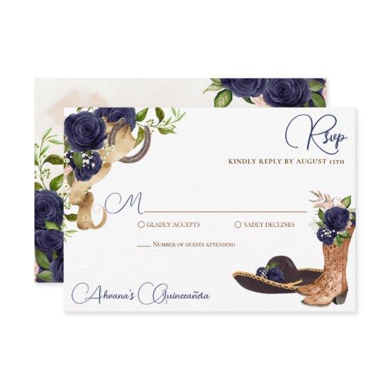 Navy Dark Blue Rose Charro Western Quinceanera RSVP Card