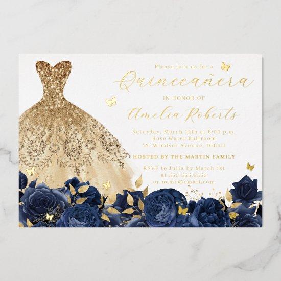 Navy Dress Gold Butterfly Elegant Floral Foil
