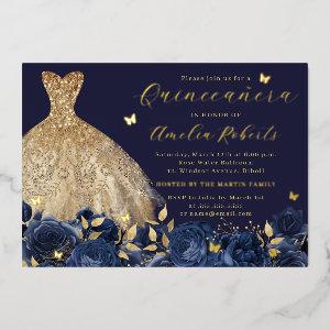 Navy Dress Gold Butterfly Floral Foil