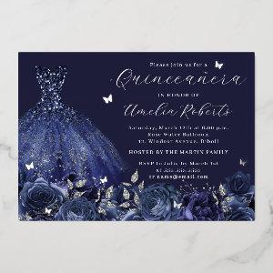 Navy Dress Silver Butterfly Floral Foil