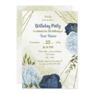 navy dusty blue flowers green leaves birthday