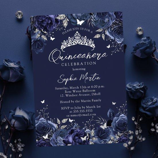 Navy Enchanting Floral Butterfly Quinceanera Foil