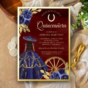 Navy Floral Dress Burgundy Charro Quinceanera Gold Foil